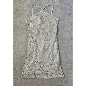 Crystal Doll Gold Sequined Formal Dress Fitted Bodycon Sparkly Halter Sz 7 Women